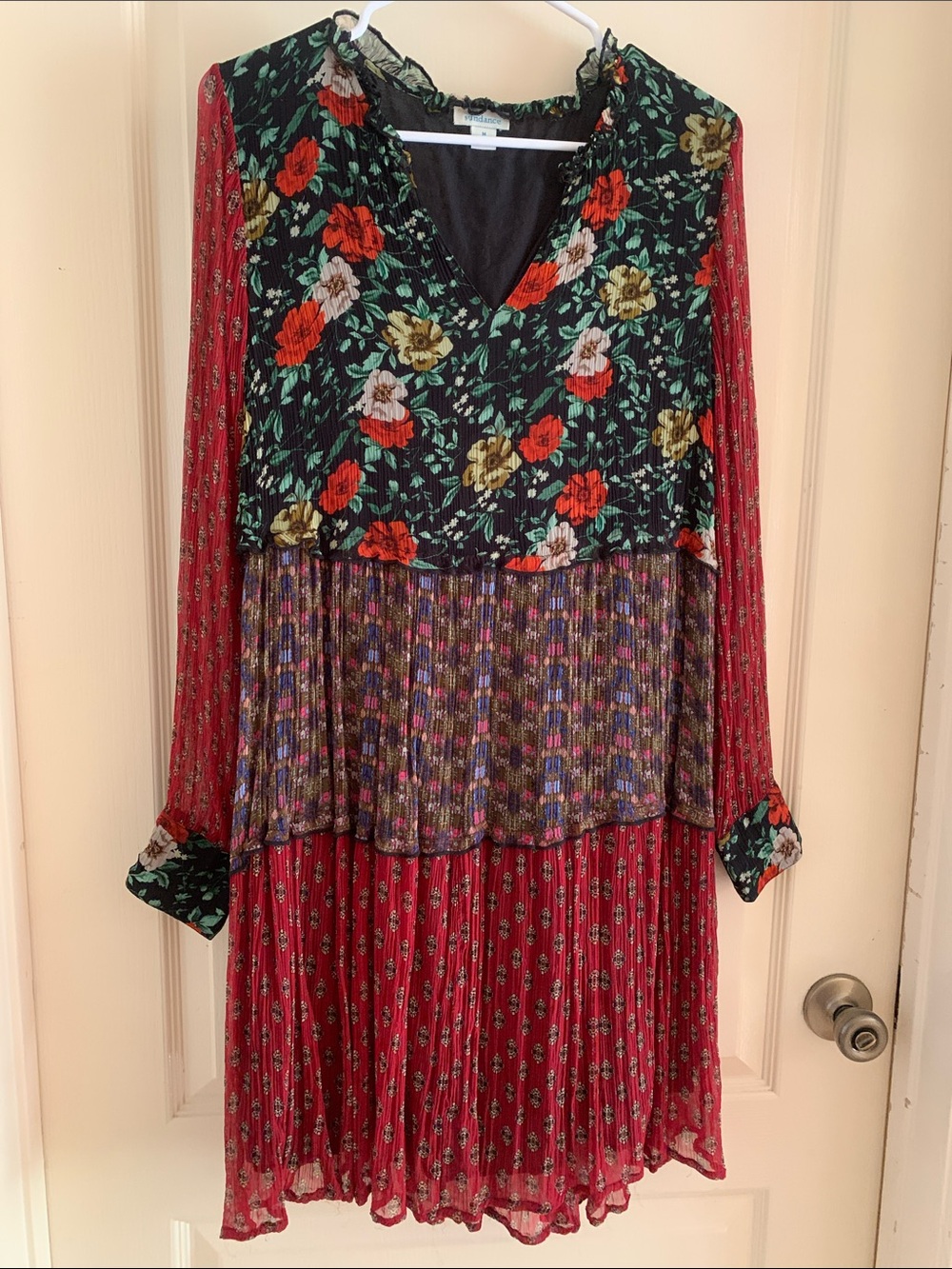 Sundance Floral Patchwork Long-Sleeve Dress in Black and Red